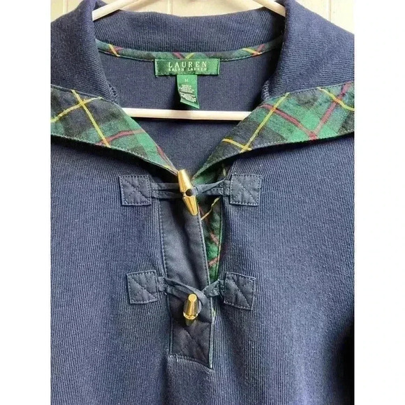 Lauren Ralph Lauren Embroidered Logo Plaid Collared Gold Buttons Sweater Navy - Picture 3 of 11